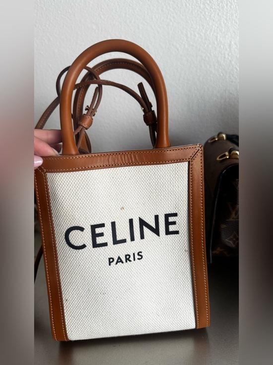 Celine Handbags - Celine Small Canvas Tote with Tan Leather Trim